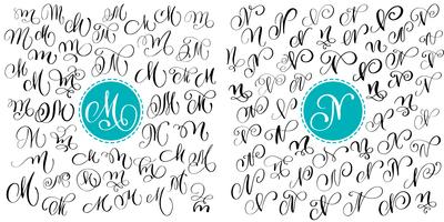 Set letter M, N. Hand drawn vector flourish calligraphy. Script font. Isolated letters written with ink. Handwritten brush style. Hand lettering for logos packaging design poster