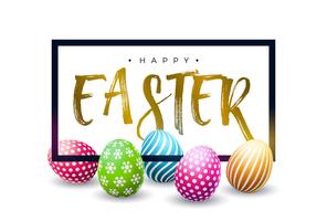 Diseño feliz del día de fiesta de Pascua con el huevo pintado colorido y la letra de oro de la tipografía vector