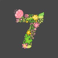 Floral summer Number 7 seven. Flower Capital wedding Alphabet. Colorful font with flowers and leaves. Vector illustration folk style