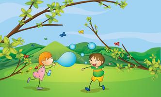 Kids playing blowing bubbles vector