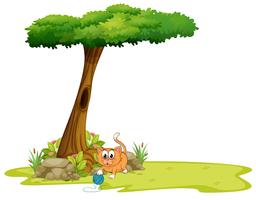 Un gato naranja jugando bajo el árbol. vector