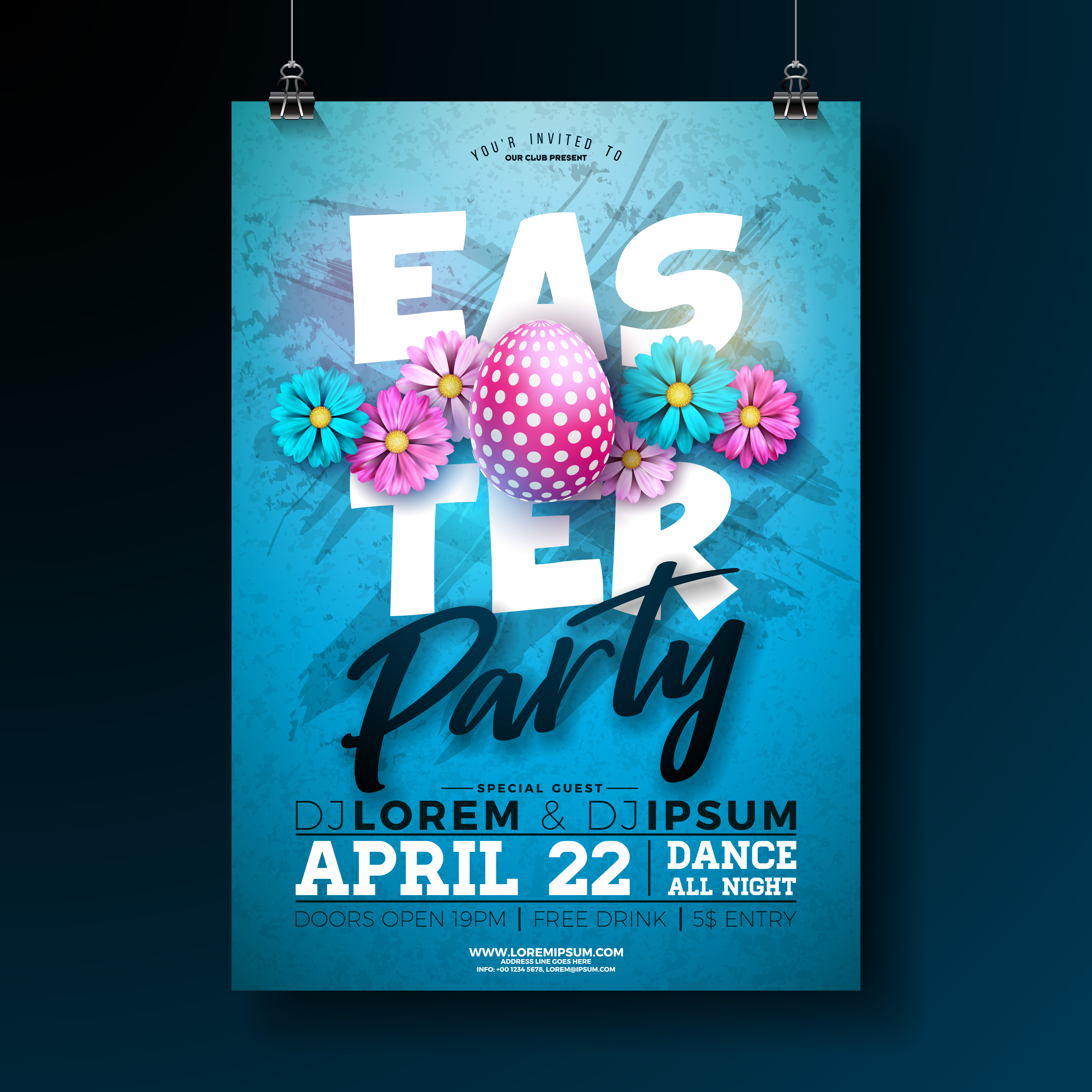vector easter party flyer illustration with painted eggs and easter party flyer