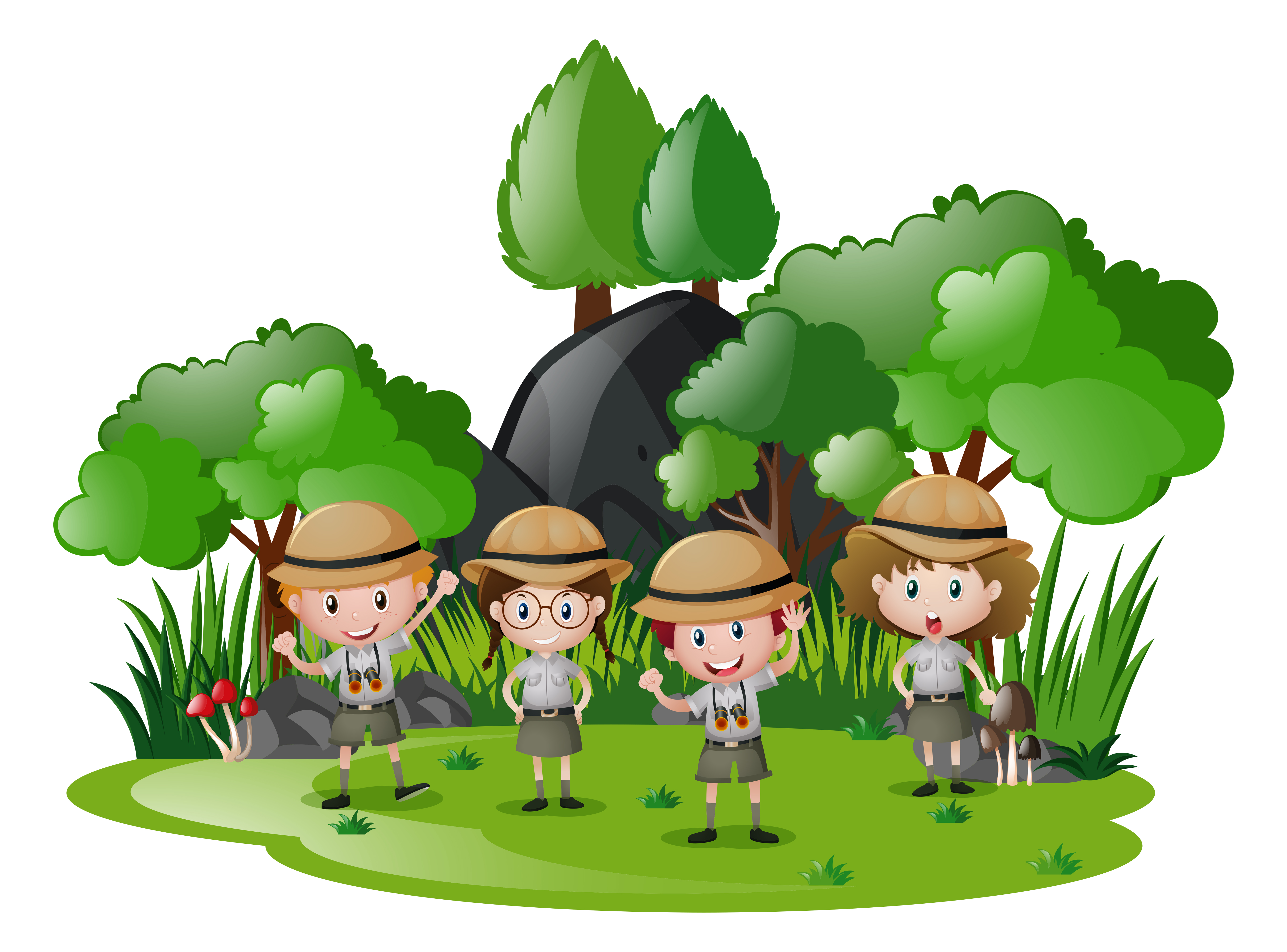 Four Kids In Safari Outfit Having Fun In The Forest Download Free Vectors Clipart Graphics Vector Art