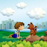 Boy and dog in the city park vector