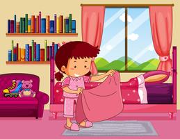 Girl making bed in bedroom vector