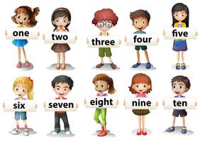Children holding word cards with numbers