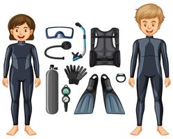Scuba divers in wetsuit and different equipments vector