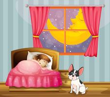 Una niña durmiendo en su habitación con un perro. vector