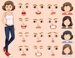 Mujer joven con expresión facial diferente vector