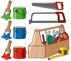 Caja de herramientas y cubos de pintura.
