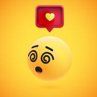 Cute high-detailed yellow 3D emoticon with speech bubble and heart for web, vector illustration