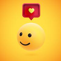 Cute high-detailed yellow 3D emoticon with speech bubble and heart for web, vector illustration