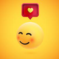 Cute high-detailed yellow 3D emoticon with speech bubble and heart for web, vector illustration