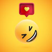 Cute high-detailed yellow 3D emoticon with speech bubble and heart for web, vector illustration