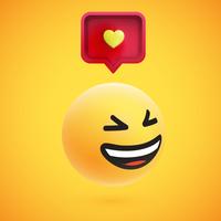Cute high-detailed yellow 3D emoticon with speech bubble and heart for web, vector illustration