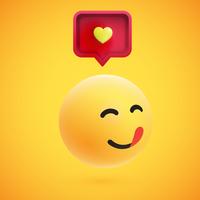 Cute high-detailed yellow 3D emoticon with speech bubble and heart for web, vector illustration