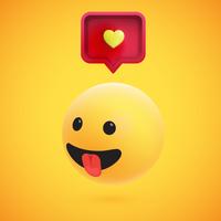 Cute high-detailed yellow 3D emoticon with speech bubble and heart for web, vector illustration