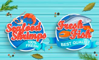 Seafood logos on blue wooden background vector
