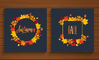 Otoño y otoño tarjetas en marco de hojas de otoño. vector
