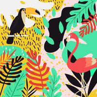 Fondo de hojas de selva tropical con flamencos y tucanes. vector