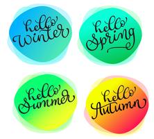 Conjunto de tarjetas de felicitación Para todas las estaciones Hola verano primavera otoño invierno. Cartas con acuarela de textura redonda. vector