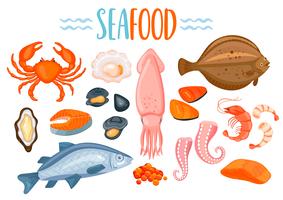 Set of seafod icons in cartoon style. vector