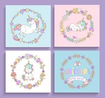 Set of magical unicorns cards with circle frames. vector