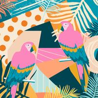 Tropical jungle leaves and flowers poster background with parrots vector