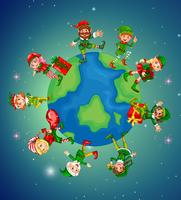 Lots of elves on earth for Christmas night vector