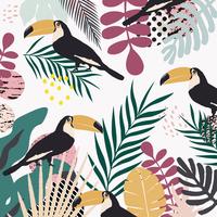 Tropical jungle leaves and flowers poster background with toucans vector