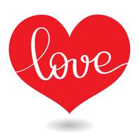 Palabra de amor en el corazón rojo. Vector de caligrafía y rotulación EPS10