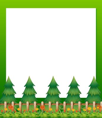 An empty paper template with pine trees and a garden at the bottom