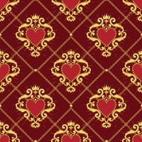 Sacred heart and golden chain on dark red background. Seamless pattern. Vector illustration