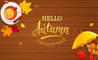 Hola banner de otoño sobre fondo de madera. vector