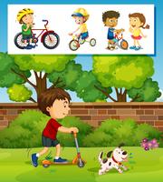 Boy playing scooter in the park vector