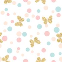Gold glittering butterflies pattern on pastel colors confetti round dots background. vector