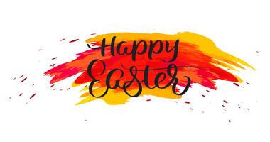 Happy Easter text on watercolor red blots. Hand drawn Calligraphy lettering Vector illustration EPS10