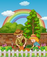 Father and daughter planting tree in garden vector