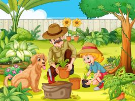 Father and daughter planting tree in garden vector