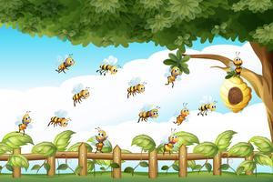 Scene with bees flying around beehive vector