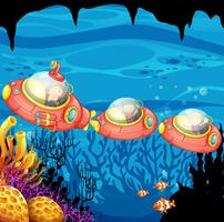 Children riding submarine underwater vector