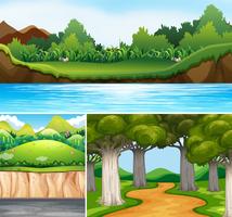 Three nature scenes with river and road vector