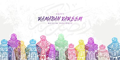 Ejemplo del vector Bosquejo de la linterna dibujada mano de Ramadan Kareem en color colorido de la gradación con el fondo del grunge.
