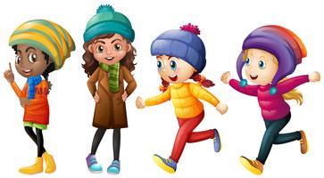 Four cute girls in winter clothes vector
