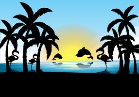 Silhouette scene with dolphin and flamingo at sunset vector
