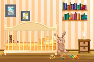 Escena de dormitorio con cuna y artículos infantiles. vector