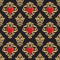 Modelo inconsútil del damasco con el corazón rojo ornamental hermoso s con la corona en fondo negro. Ilustración vectorial vector