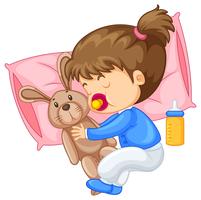 Little girl hugging rabbit in bed vector