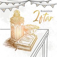 Vector mano dibujada celebración de la fiesta de Ramadán Iftar. Asignaturas tradicionales. La fiesta musulmana del mes sagrado de Ramadán Kareem.