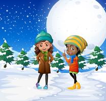 Escena con dos chicas en el campo de nieve vector